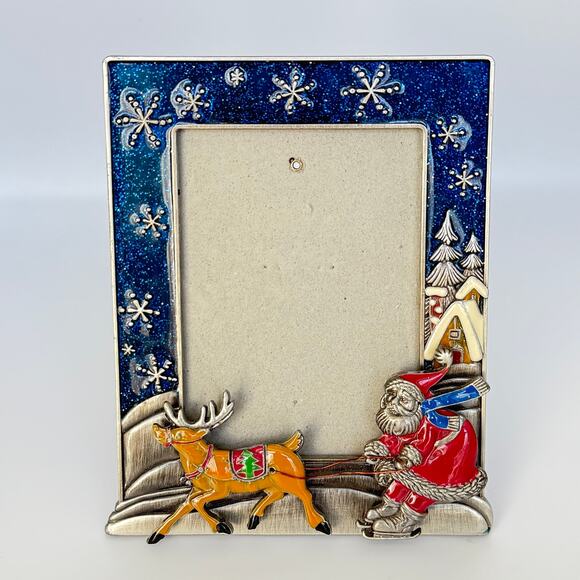 3D Enameled Metal Christmas Photo Frame 3x4.5 Santa Reindeer Snow - Picture 1 of 7